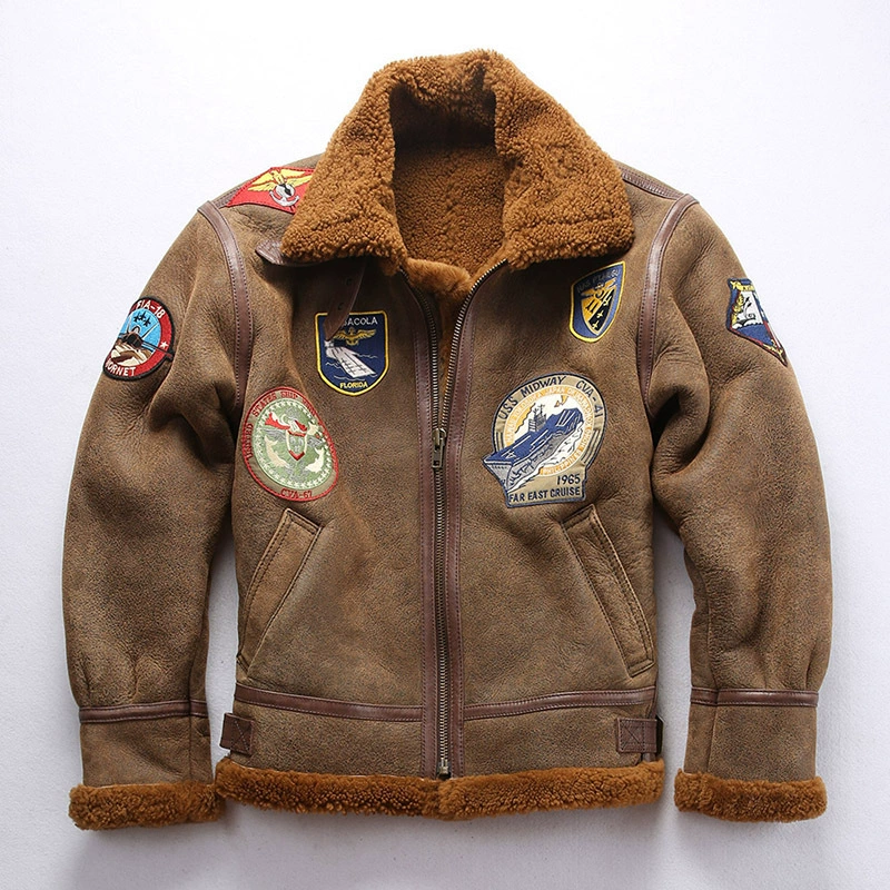 Genuine Sheepskin Bomber Jacket Military Fur-J04