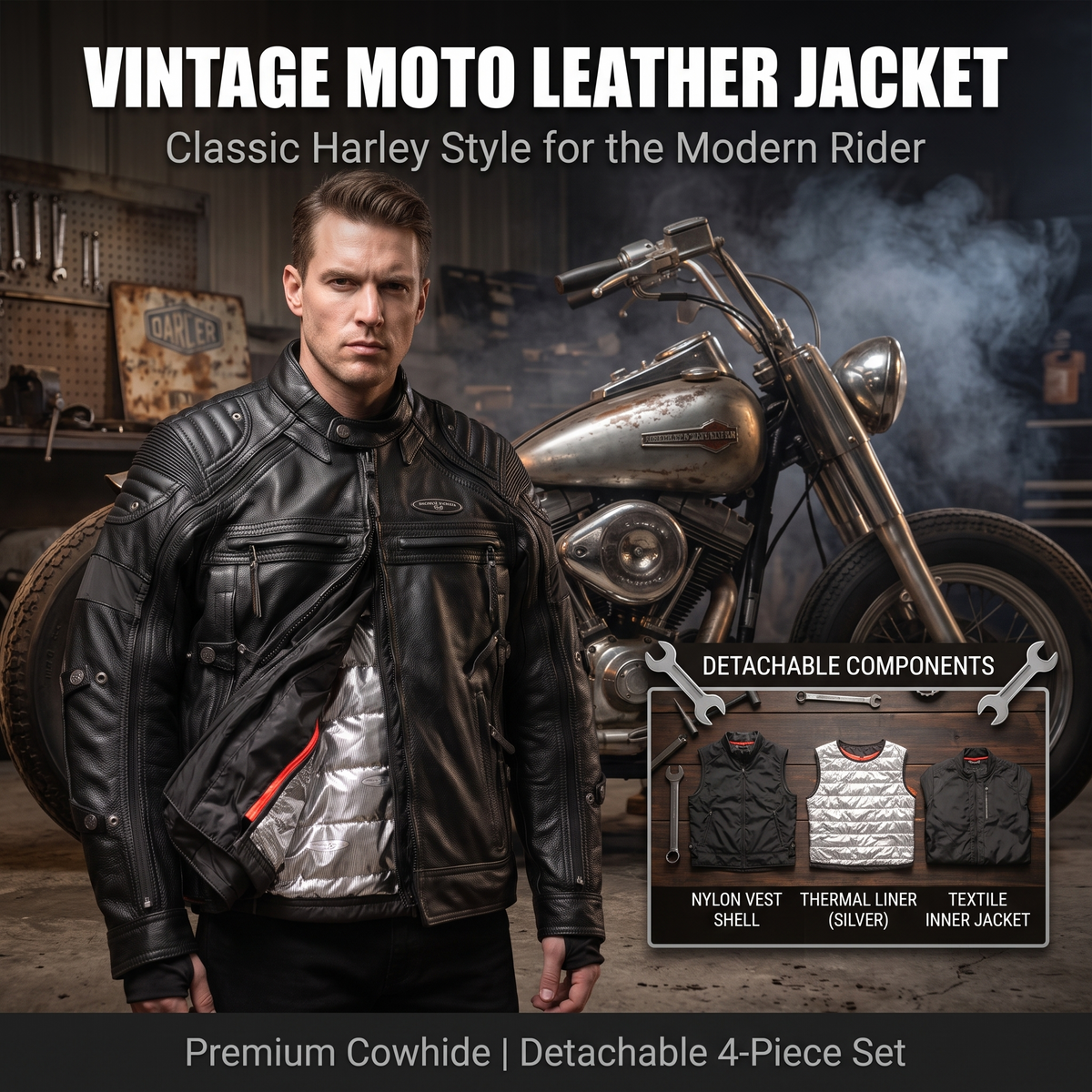 Detachable 4-piece cowhide motorcycle leather jacket-J29
